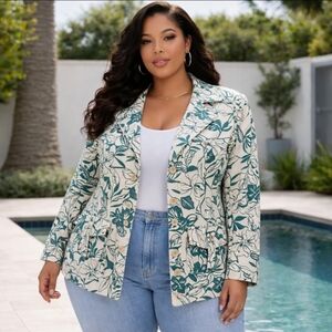 Vintage Bloomingdales Linen Blend Floral Vintage Plus Size 18 W Crystal Buckles